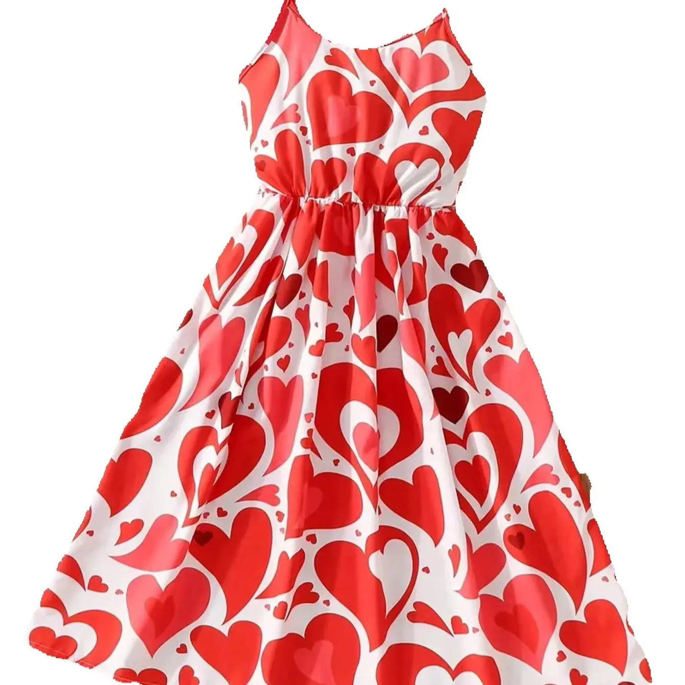 Summer Casual Style Girls' Heart-Shaped Printed Round Neck Sleeveless Camisole Dress, Mid Length Skirt