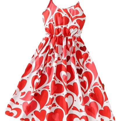 Summer Casual Style Girls' Heart-Shaped Printed Round Neck Sleeveless Camisole Dress, Mid Length Skirt