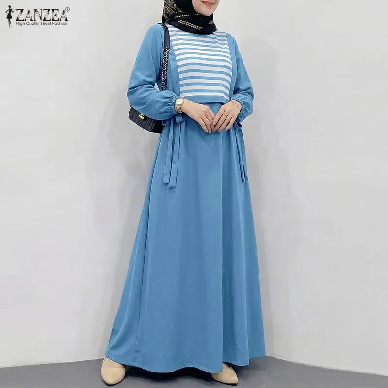 ZANZEA Stylish Women Striped Patchwork Muslim Dress Abaya Elegant Maxi Long Dress Dubai Robe Kaftan O Neck Long Sleeve Sundress