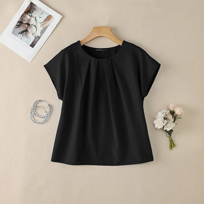 ZANZEA Women Summer Short Sleeve Blouses Casual Chic O-Neck Pleated Front Solid Color Tops Minimalist Loose Blusas de Mujer