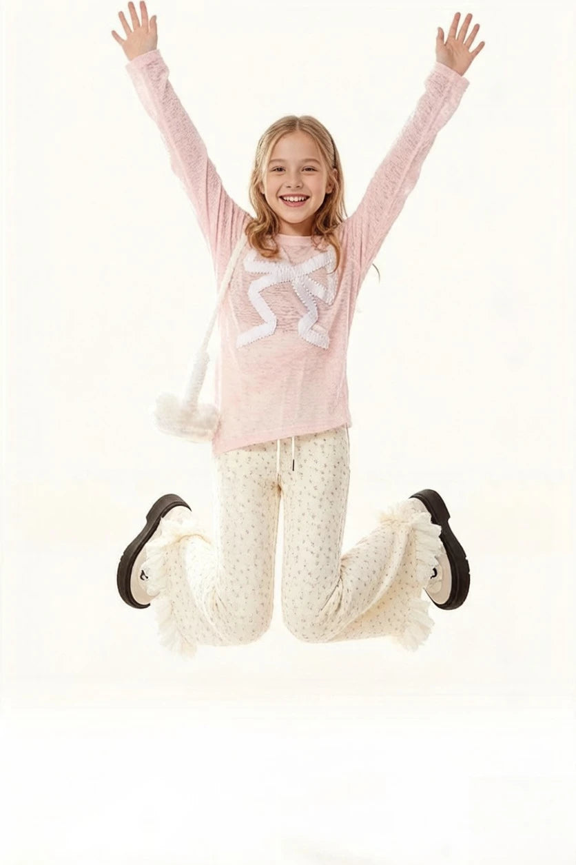 Girls' Micro Flare Pants 2026 Spring Autumn New French Bow Lace Floral Print Slimming Figure Flattering Casual Pants
