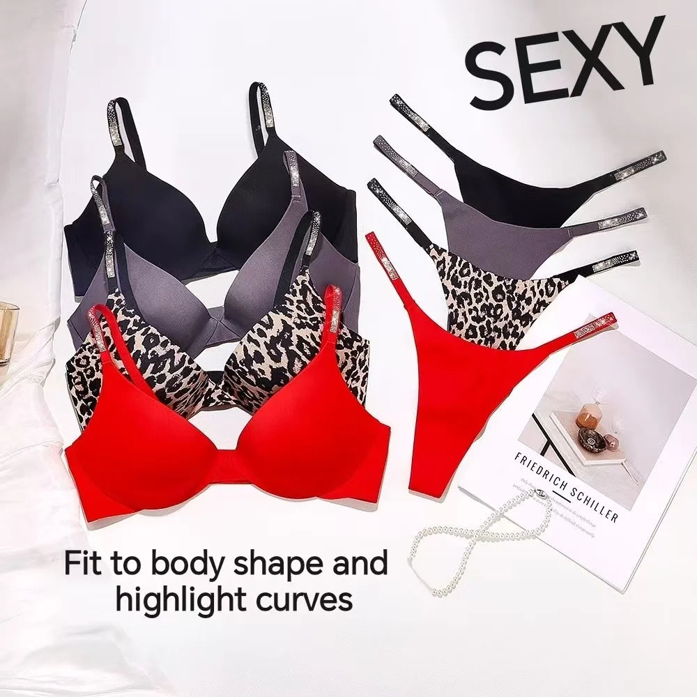 Rhinestone Sexy Bra Set Bralette Girls Underwear Brassiere Fashion Thong Gather Bras Lingerie Panty Sets