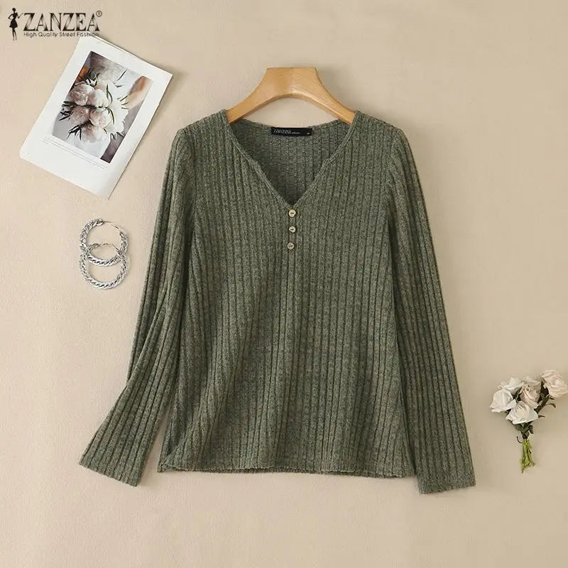 ZANZEA Women Ribbed Knit T-Shirts Casual V-Neck Long Sleeve Regular Fit Solid Color Blouses 2026 Autumn Daily Wear Pullover Tops