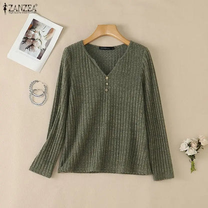 ZANZEA Women Ribbed Knit T-Shirts Casual V-Neck Long Sleeve Regular Fit Solid Color Blouses 2026 Autumn Daily Wear Pullover Tops