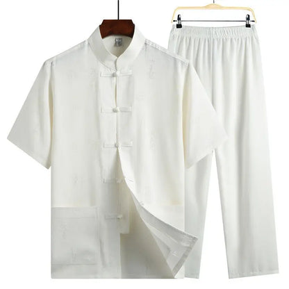 Men's Red Two-piece Summer Set: A Short Jacquard Shirt in Chinese Style Paired with Elastic-waist Pants. White, Gray, Beige-Blue