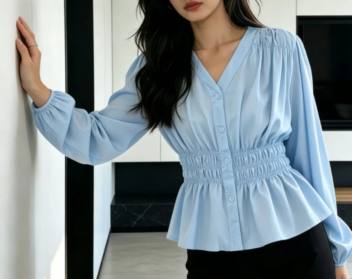 200 Pounds Plus Size Elastic Waist Summer Shirt And Blouse  Solid Top Women's New In Clothes Simple V-neck French