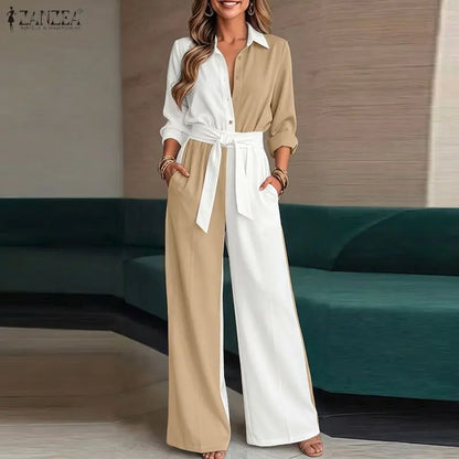 ZANZEA Fashion Women Matching Sets Autumn Chic Color-Blocking Office Outfits Long Sleeve Shirt Belted Wide Leg Pant Sets 2 Piece