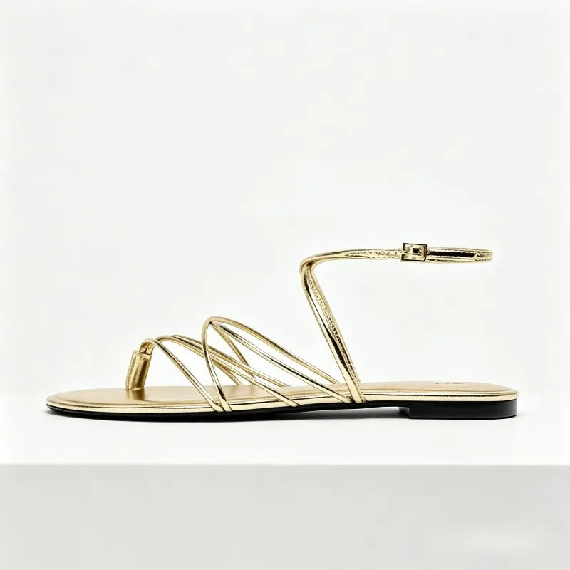Gold Narrow Strap Cross Strap Design Flat Sandals Women Summer Sexy Women's Flip Flops Elegant Ankle Strap Dress Shoes Sandalias