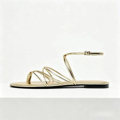 Gold Narrow Strap Cross Strap Design Flat Sandals Women Summer Sexy Women's Flip Flops Elegant Ankle Strap Dress Shoes Sandalias