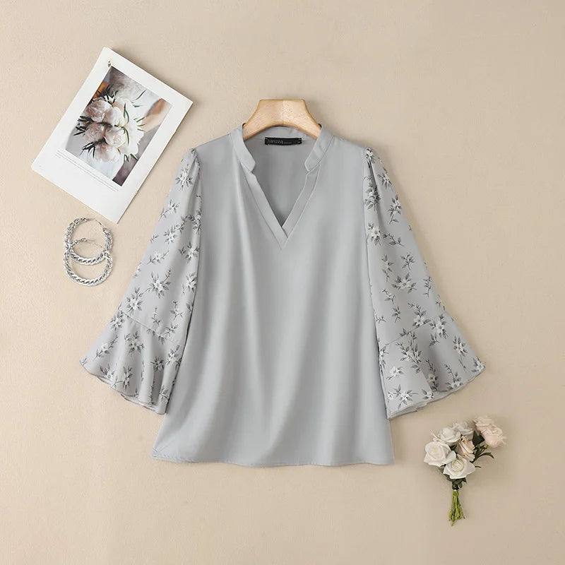 ZANZEA 2026 Elegant Women's Blouses V-Neck Floral Printed 3/4 Sleeve Loose Tops Spring Summer Casual and Day Woman Clothes 3XL