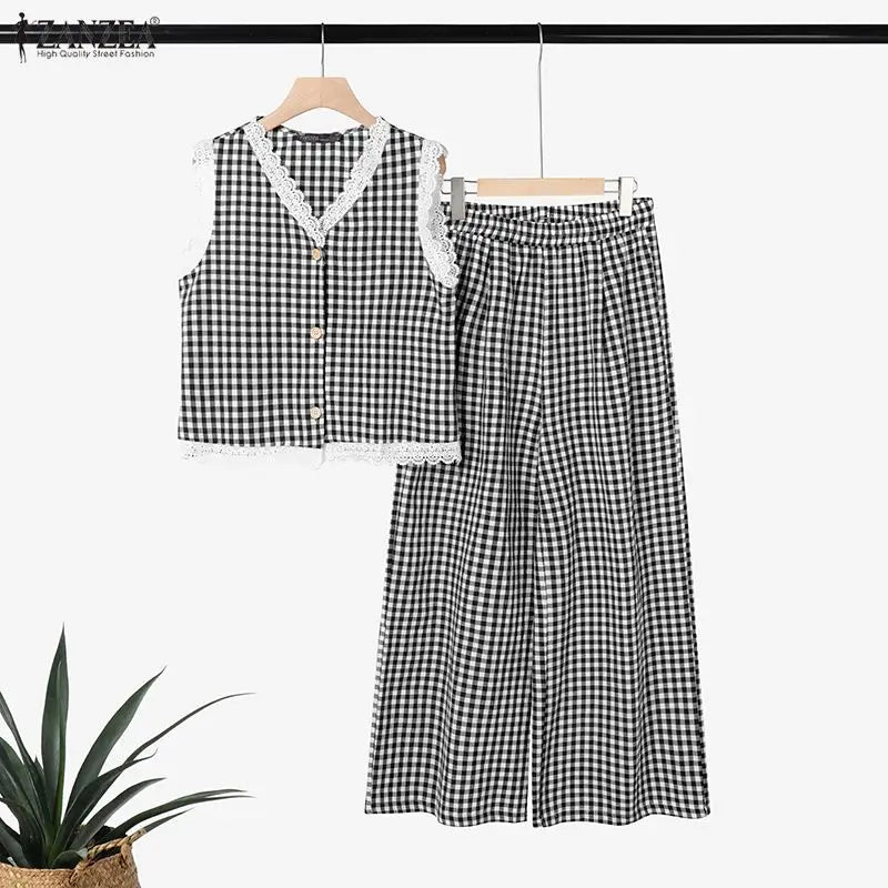 ZANZEA Women's Vintage Casual Pant Sets Wide-Leg Pant & Lace Trim Vests Tops Gingham 2 Pieces Sets Summer Pant Suits Outfits