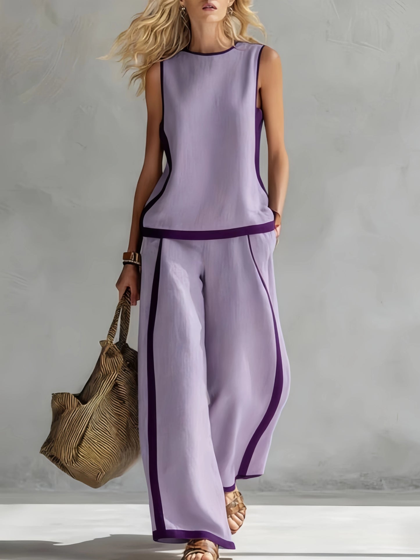 Fashion Retro Printed Sleeveless Tops Trousers 2-piece Set Women's Summer Casual Vest Loose Wide Leg Trousers Female Suit Pocket