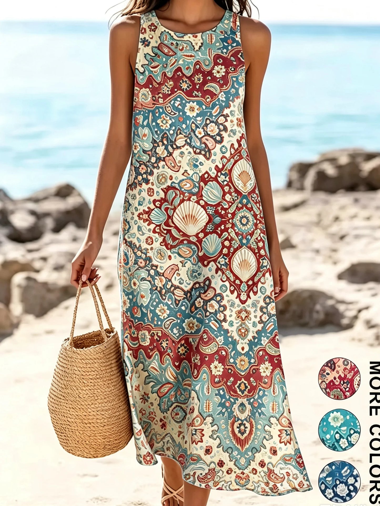 2026 Women's Sleeveless Bohemian Floral Casual Beach MIDI Sundress With Pockets Flowing and Loose Sweetheart Rustic Country