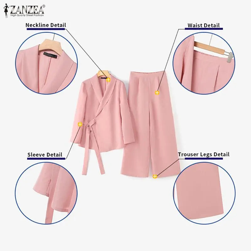ZANZEA Spring Fashion 2 Piece Sets 2026 Women Office Outfits Long Sleeve Blazer Tops Pant Sets Solid OL Tracksuit Matching Sets