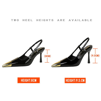 Summer Women's Sandals Leopard Print High Heels Metal Pointed Tip High Heeled Sandals Rear Empty Rear Strap Stiletto Heels Lady
