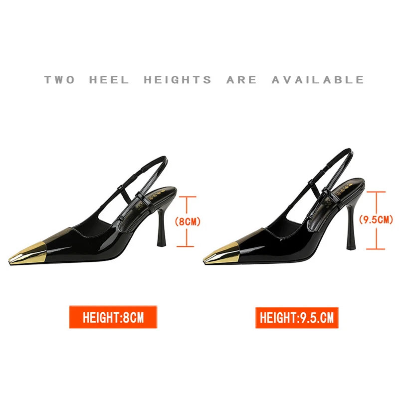 BIGTREE Shoes Metal Pointed Tip Women Pumps Patent Leather High Heels Rear Empty Rear Strap Women Sandals Summer Shoes Stilettos
