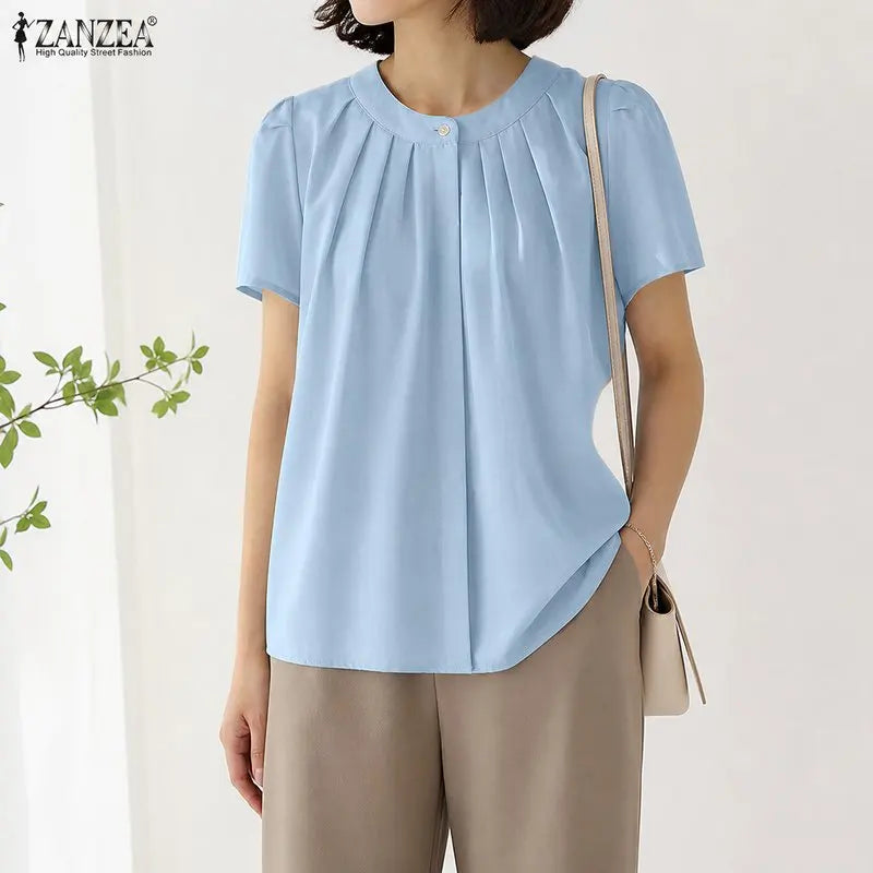ZANZEA Women Summer Blouse Fashion Short Sleeve Tunic Tops Pleated Casual Office O-Neck Tee Streetwear Blusas Oversize Tunic