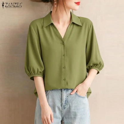 ZANZEA 2026 Woman Half Lantern Sleeves Blouses Casual Turn-Down Collar Button Up Shirts Spring Summer Solid Color Commute Tops