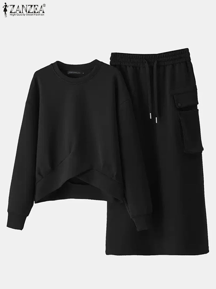 Stylish Autumn Sweatshirts Dress Sets 2025 ZANZEA Spring 2pcs Outfits Women Long Sleeve Hoodies Tops Sundress OL Matching Sets