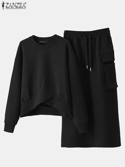 Stylish Autumn Sweatshirts Dress Sets 2025 ZANZEA Spring 2pcs Outfits Women Long Sleeve Hoodies Tops Sundress OL Matching Sets