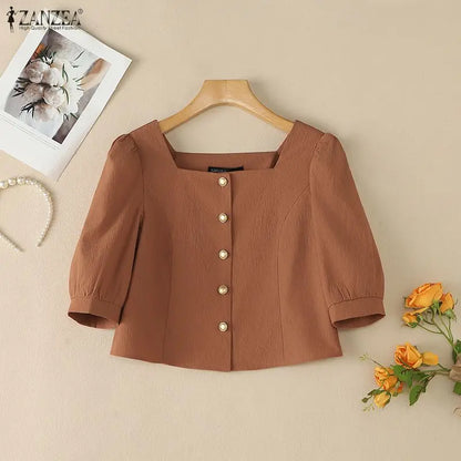 ZANZEA Summer Autumn Women Blouses Fashion Square Collar Solid Color Tops Half Sleeve Tee Blusas Fashion Streetwear Oversize