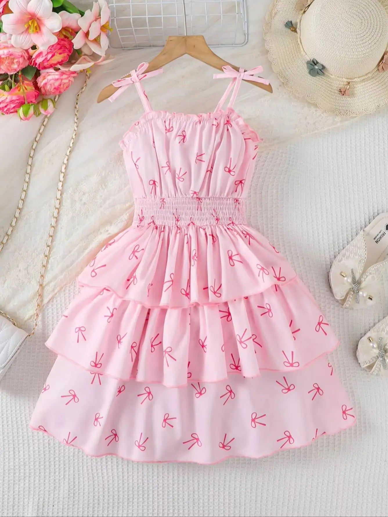 Girls Butterfly Knot Patterned Strap Dress Summer Children's Fashion Comfortable Versatile Outdoor Scene Suitable Dress
