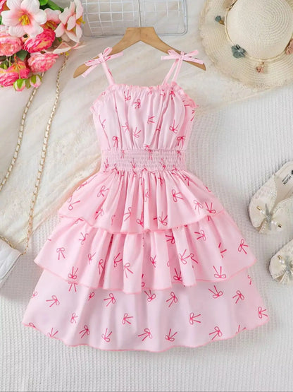 Girls Butterfly Knot Patterned Strap Dress Summer Children's Fashion Comfortable Versatile Outdoor Scene Suitable Dress