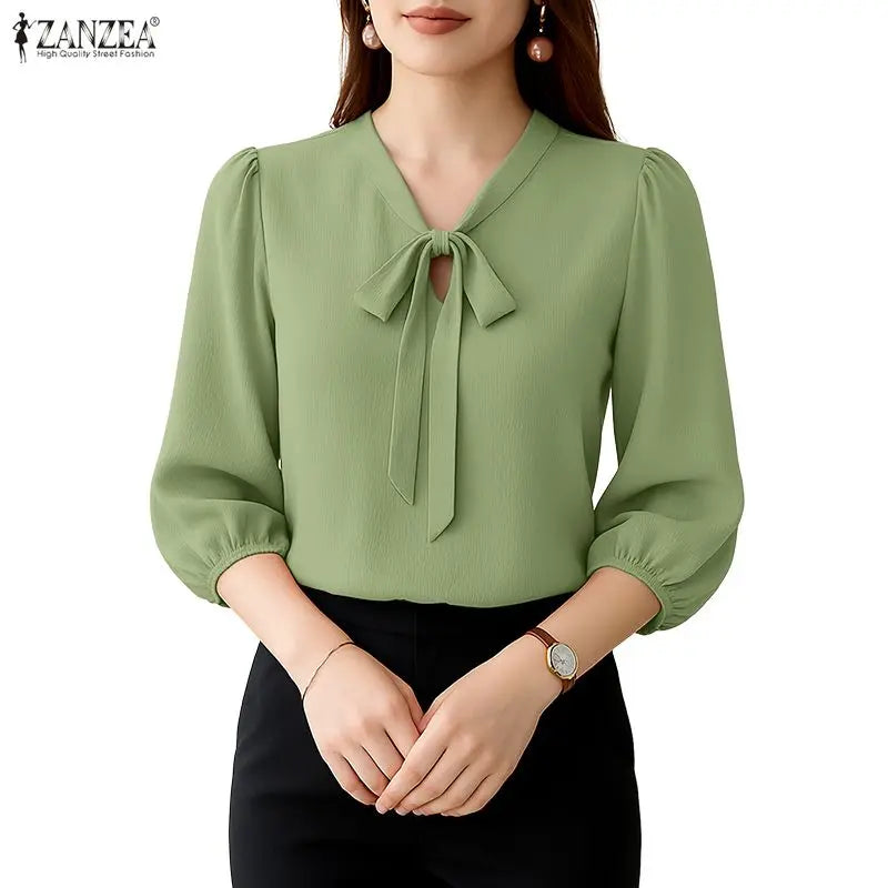 ZANZEA Elegant Minimalist Woman Blouses Bow Tie Neck 3/4 Puff Sleeve Crinkled Texture Solid Color Tops Summer Blusas de Mujer