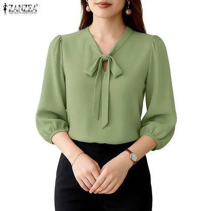 ZANZEA Elegant Minimalist Woman Blouses Bow Tie Neck 3/4 Puff Sleeve Crinkled Texture Solid Color Tops Summer Blusas de Mujer