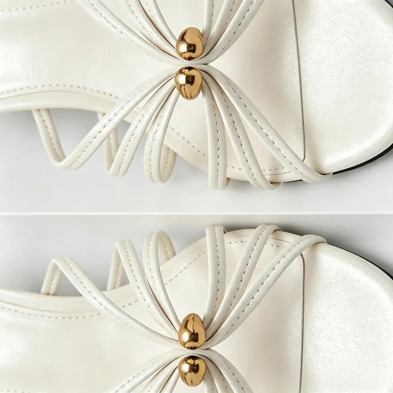 White Narrow Band Design Mid Heel Women's Slippers Sexy Open Toe Slide Sandals for Ladies Metal Embellished Thin Heeled Sandals