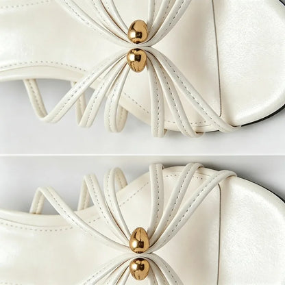 White Narrow Band Design Mid Heel Women's Slippers Sexy Open Toe Slide Sandals for Ladies Metal Embellished Thin Heeled Sandals