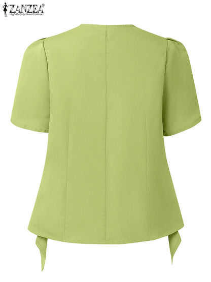 ZANZEA Women Fashon Asymmetrical Hem Shirts 2025 Summer O-Neck Button Up Fitted Waist Chemises Femme Office Streetwear Tops