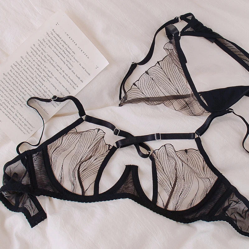 Cross Mesh Eyelash Lingerie Women Lace Steel Bra Hollow Out Underwear Set Deep V Push Up Bras underpant set