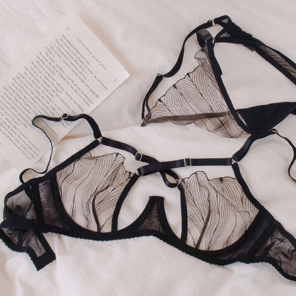 Cross Mesh Eyelash Lingerie Women Lace Steel Bra Hollow Out Underwear Set Deep V Push Up Bras underpant set