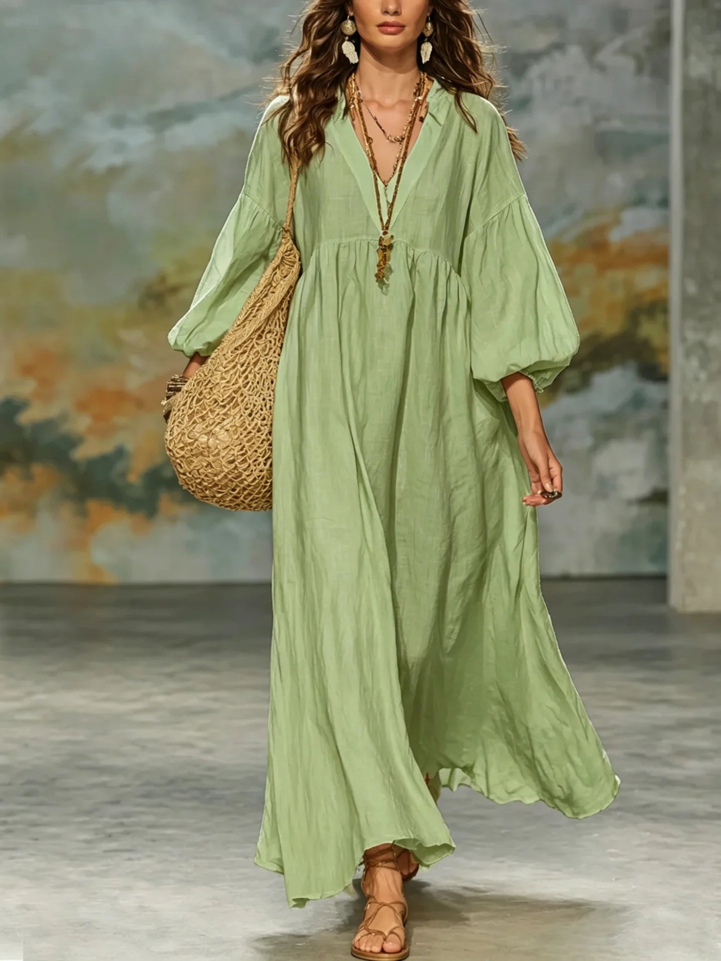 V Neck Puff Sleeve Linen Maxi Dress, Multi Color Loose Flowy Boho Dress for Women, Breathable Casual Beach Vacation Outfit