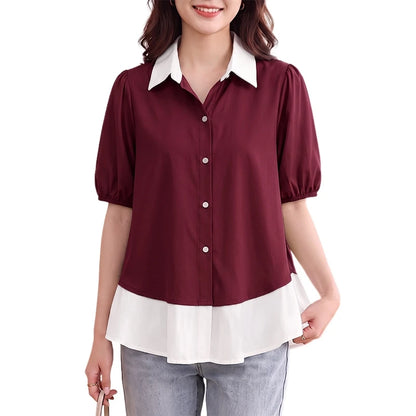 ZANZEA Woman Color-Block Shirts Elegant Lapel Puff Sleeves Button Up Peplum Blouses Summer Casual Daily Wear Chemises Femme 3XL
