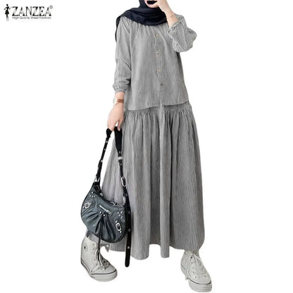 ZANZEA Women's Loose Striped Skirt Suits Long Sleeve Shirt & A-Line Long Skirt 2 Pieces Sets Female Muslim Fashion Casual Outfit