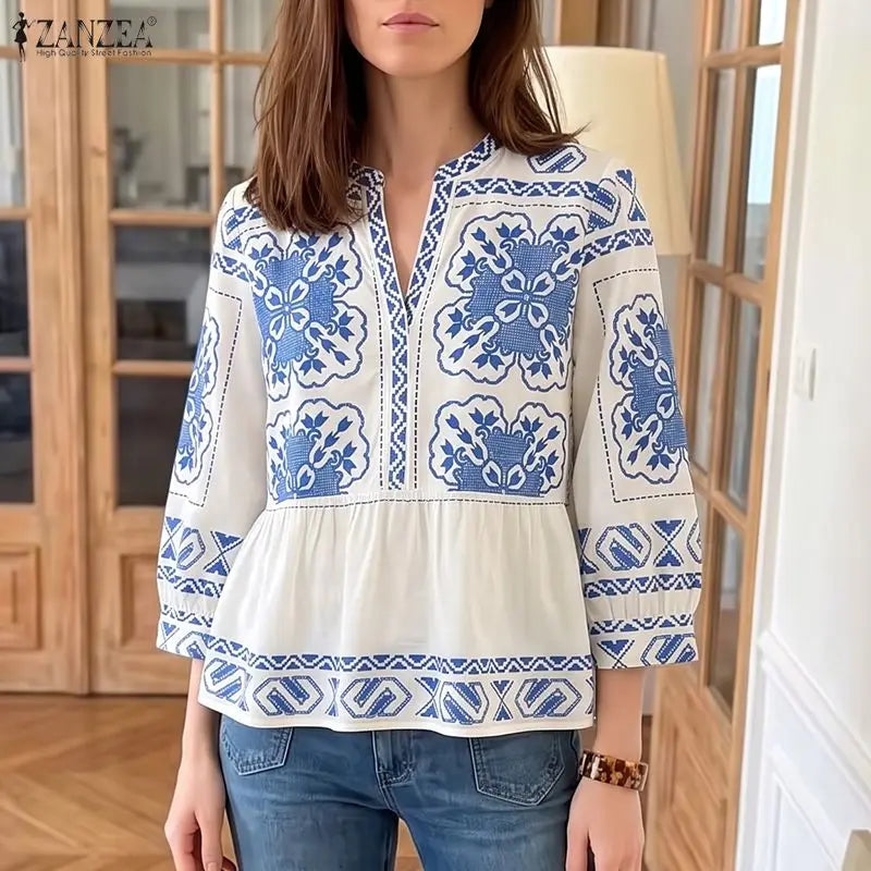 ZANZEA Women Summer Ethnic Floral Print Blouses Casual V-Neck 3/4 Lantern Sleeves Peplum Tops Bohemian Vacation Blusas Mujer