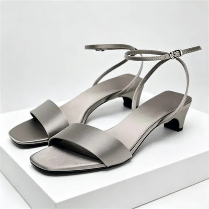 Elegant Square Toe Ankle Strap Heeled Sandals Women Sexy Peep Toe Low Wide Heel Summer Shoes Cozy Satin Designer Shoes for Women