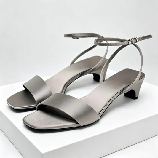 Elegant Square Toe Ankle Strap Heeled Sandals Women Sexy Peep Toe Low Wide Heel Summer Shoes Cozy Satin Designer Shoes for Women