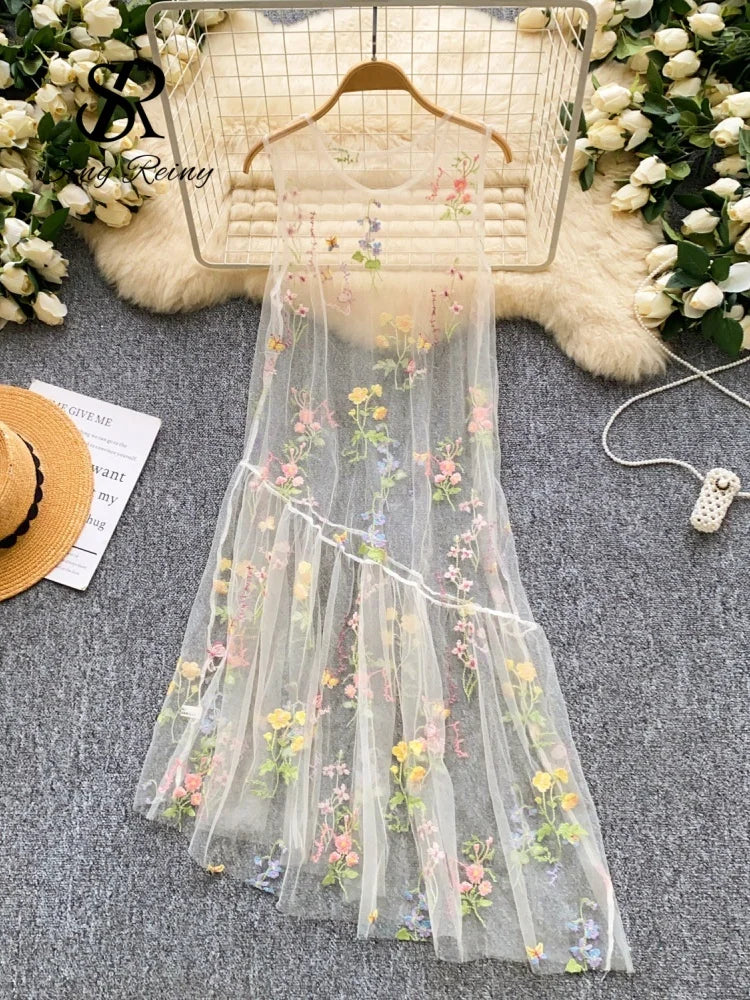 SINGREINY Holiday Floral Embroidery Long Dress 2026 Women O Neck Sleeveless Loose Irregular Summer French Mesh Bohemian Sundress