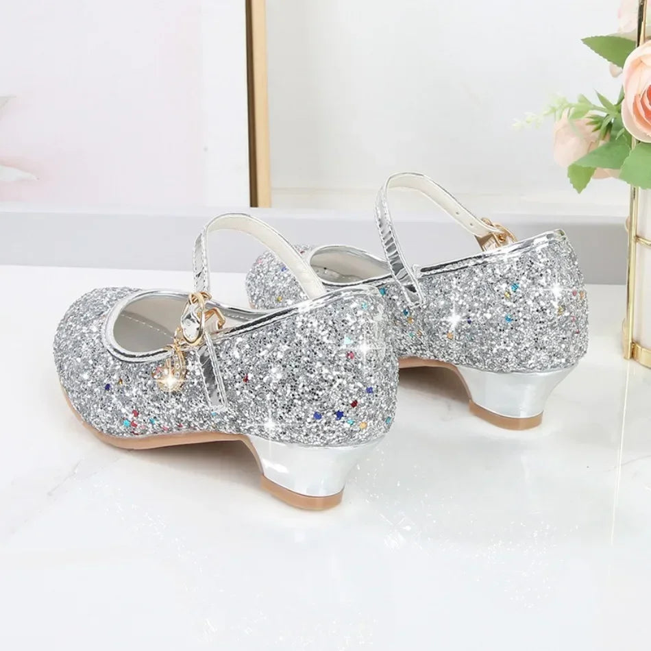 Girls Shoes Children High Heel Glitter Crystal Sandals Fashion Buckle Kids Princess Dance Shoe Student Performance Leather Shoes