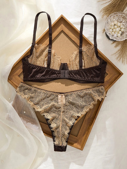 Sexy Lace Flowers Embroidery Lingerie Set for Women Ultra Thin Breathable Bra Button Decoration Underwear French Bras Thong Sets