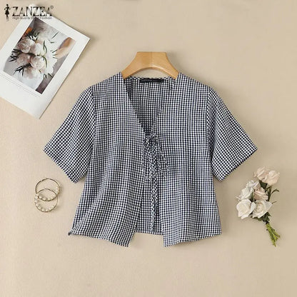 ZANZEA Women Casual Gingham Tie-Front Cardigans V-Neck Short Sleeve Short Shirts 2026 Summer Fashion Dates Daily Wear Tops