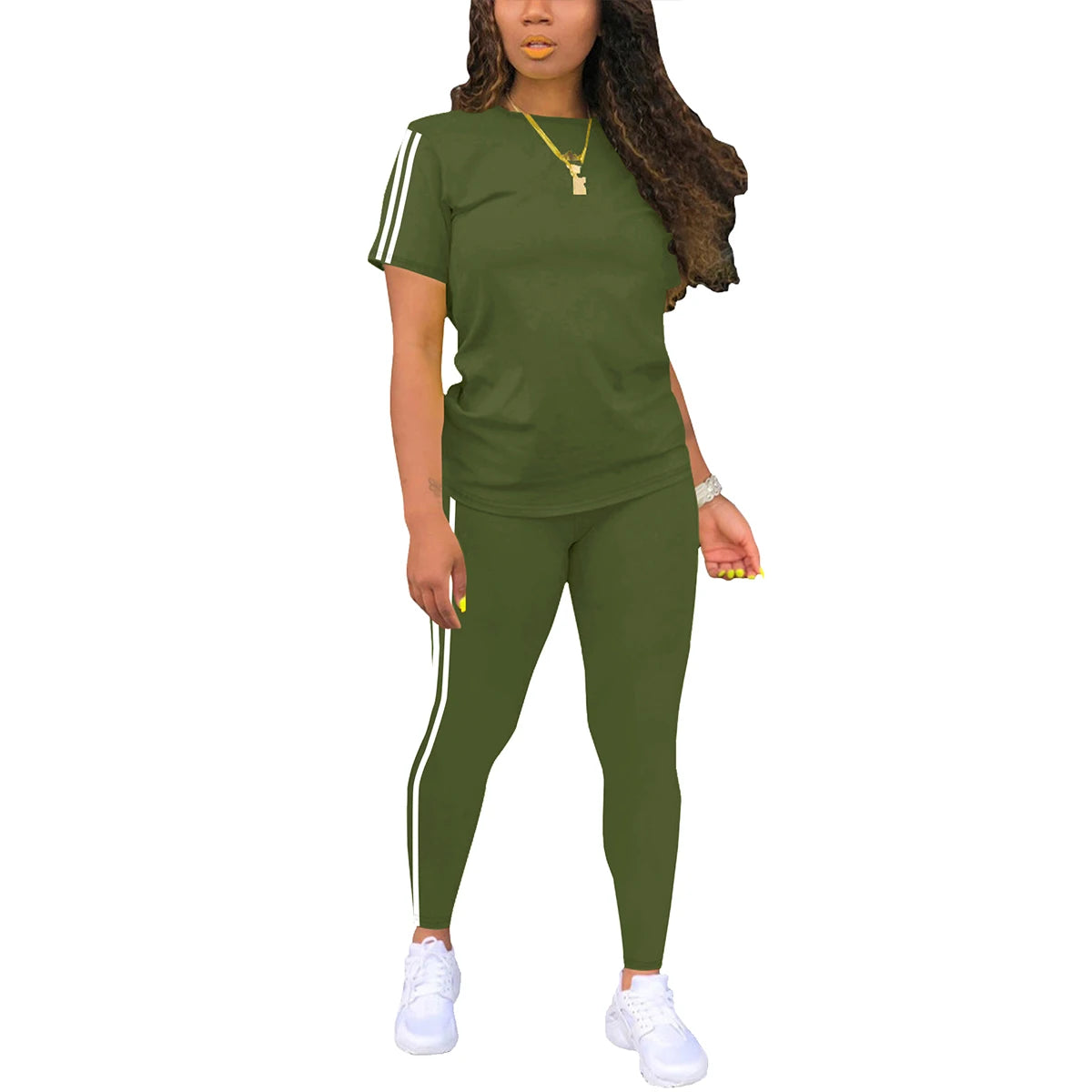 Women's Side-Striped Summer Sportswear Set Short Sleeve Long Pants Breathable Base Layer Clothing Colorful Casual Outfit