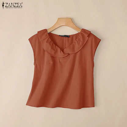 Summer ZANZEA Women Blouse Ruffle V Neck Short Sleeve Cotton Tops Casual Solid Color Blusas OL Work Party Tunic Tee Streetwear