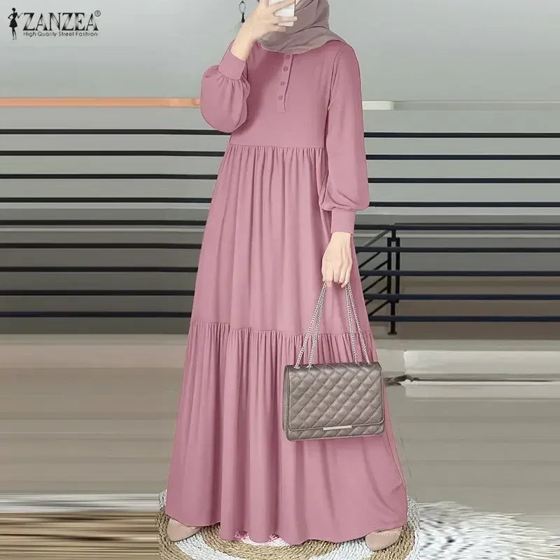 ZANZEA Elegant Muslim Abaya Hijab Long Dress Women Long Sleeve Ramadan Robe Spring Sundress Solid Loose Maxi Vestido Kaftan 2026