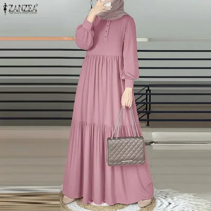 ZANZEA Elegant Muslim Abaya Hijab Long Dress Women Long Sleeve Ramadan Robe Spring Sundress Solid Loose Maxi Vestido Kaftan 2026