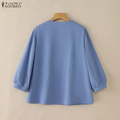 ZANZEA Women Casual Pintuck Blouses Spring Summer O-Neck Half Buttons 3/4 Lantern Sleeve Tops Loose Solid Color Blusas de Mujer