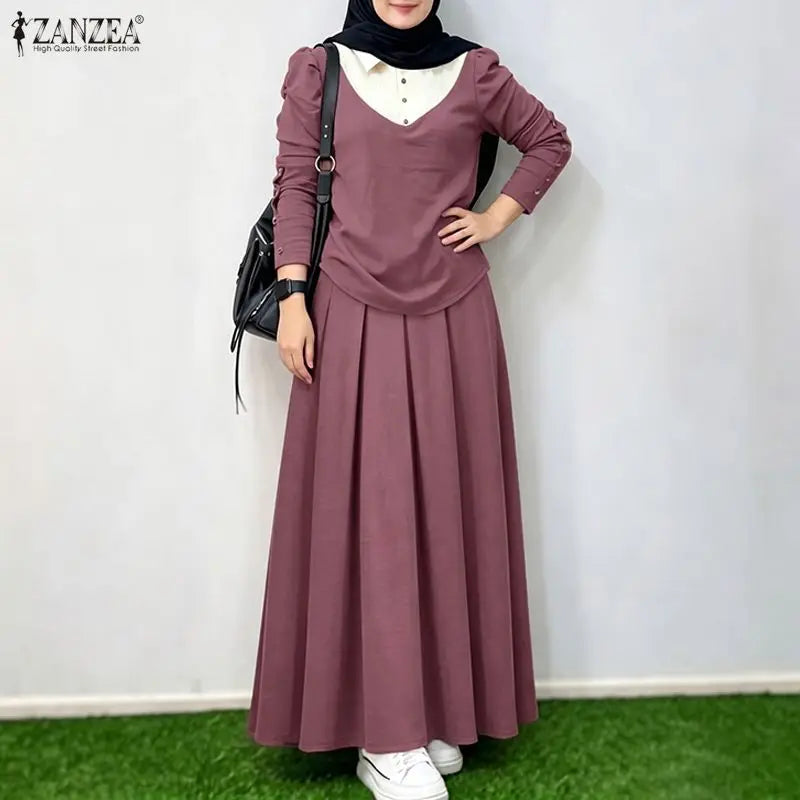 ZANZEA Summer Autumn Women Dress Sets Fashion Long Sleeve Tops Long Skirts Two-piece Outfits Muslim Dress Sets 2PCS Loose Kaftan